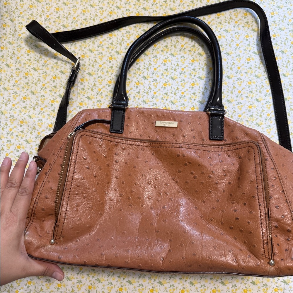 Kate Spade Ostrich-Embossed Satchel Crossbody Bag – Cognac Brown